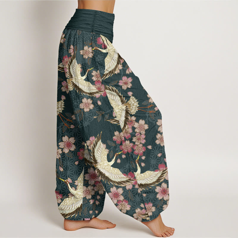 Tactile Cotton Crane Print Breathable Meditation Harem Pants