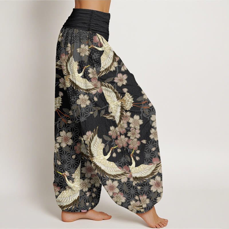 Tactile Cotton Crane Print Breathable Meditation Harem Pants
