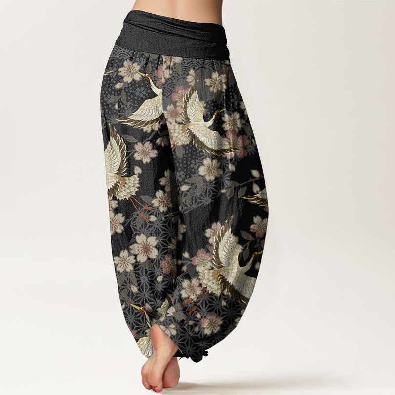 Tactile Cotton Crane Print Breathable Meditation Harem Pants