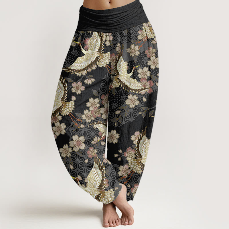 Tactile Cotton Crane Print Breathable Meditation Harem Pants