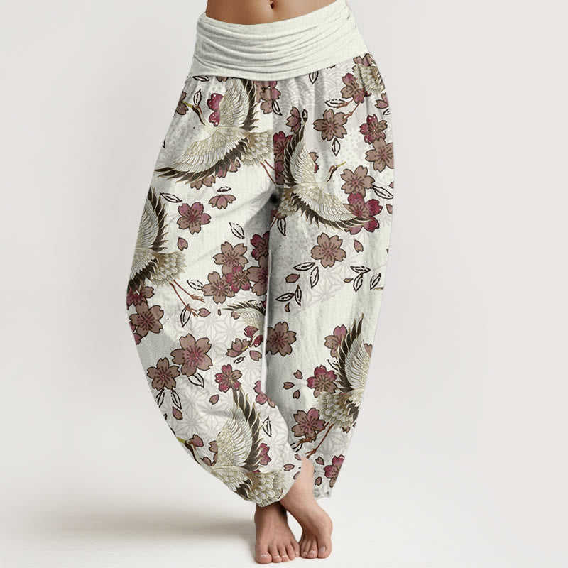 Tactile Cotton Crane Print Breathable Meditation Harem Pants