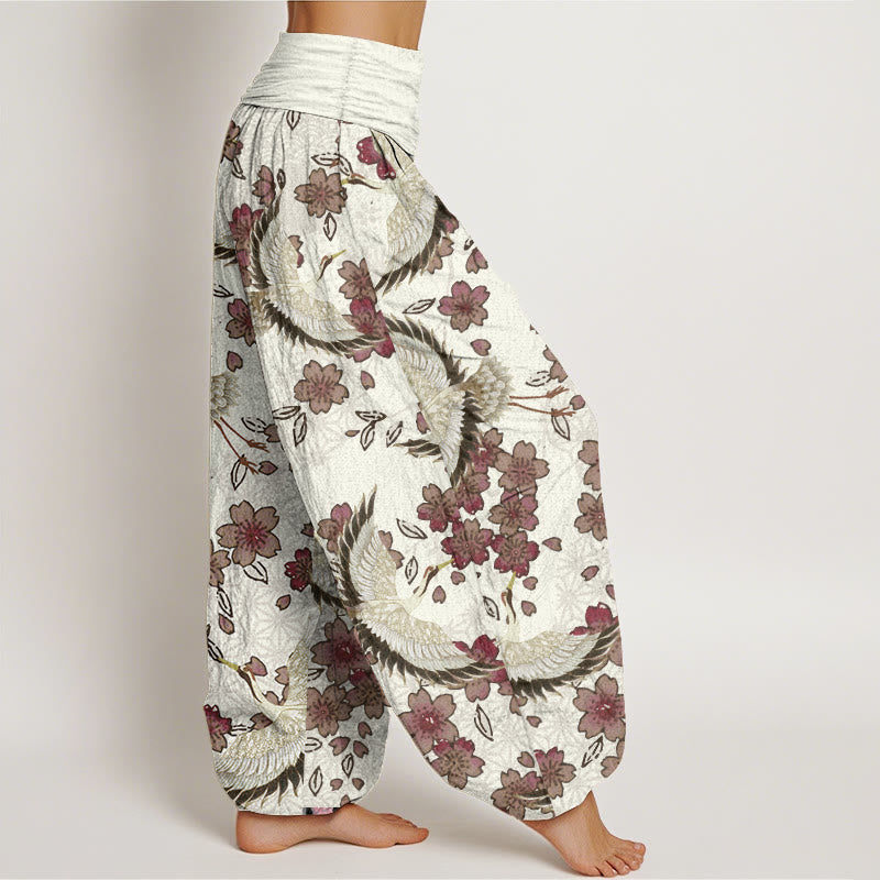 Tactile Cotton Crane Print Breathable Meditation Harem Pants