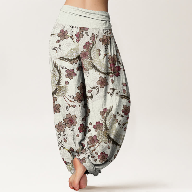 Tactile Cotton Crane Print Breathable Meditation Harem Pants