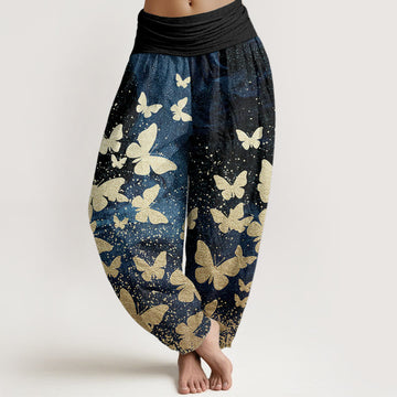 Pure Cotton Casual Golden Butterfly Pattern Women's Elastic Waist Harem Pants