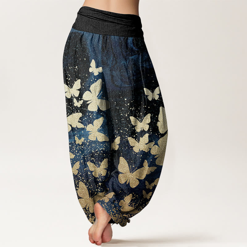 Pure Cotton Casual Golden Butterfly Pattern Women's Elastic Waist Harem Pants