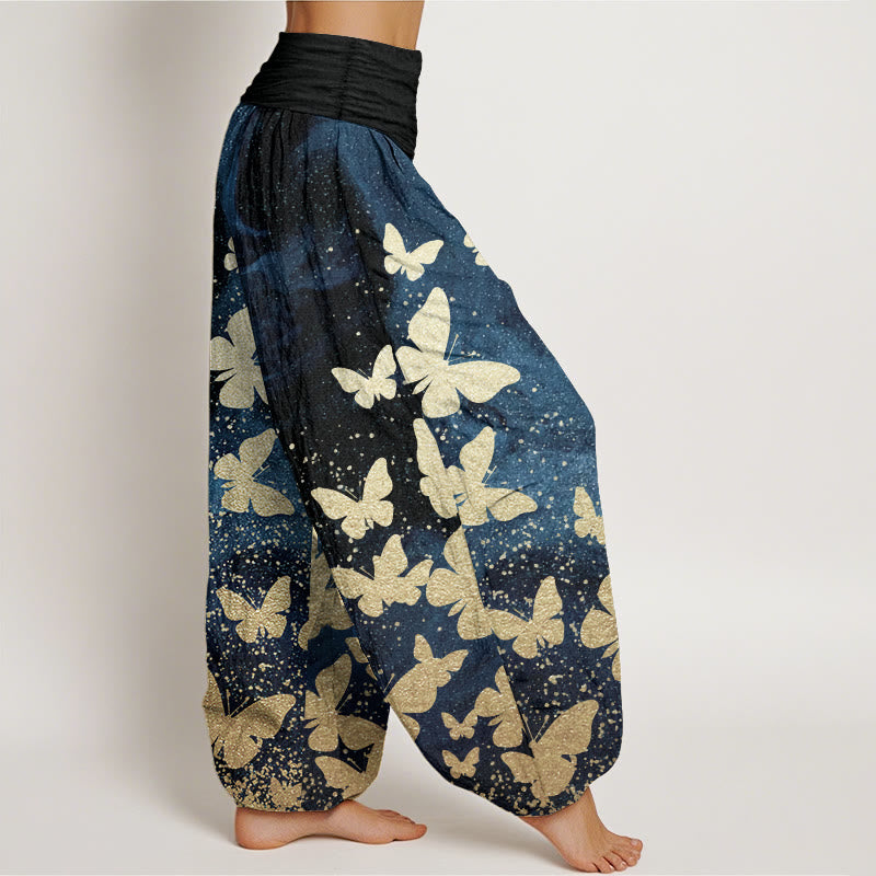 Pure Cotton Casual Golden Butterfly Pattern Women's Elastic Waist Harem Pants