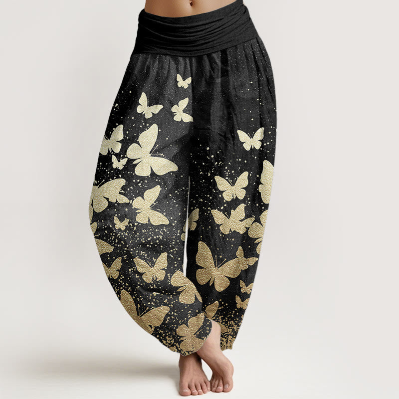 Pure Cotton Casual Golden Butterfly Pattern Women's Elastic Waist Harem Pants