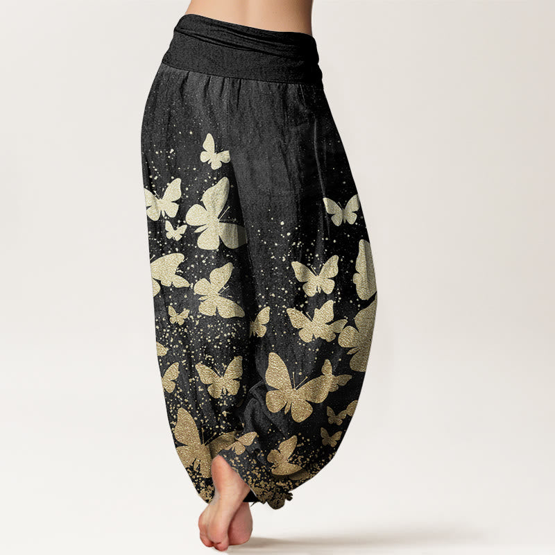 Pure Cotton Casual Golden Butterfly Pattern Women's Elastic Waist Harem Pants