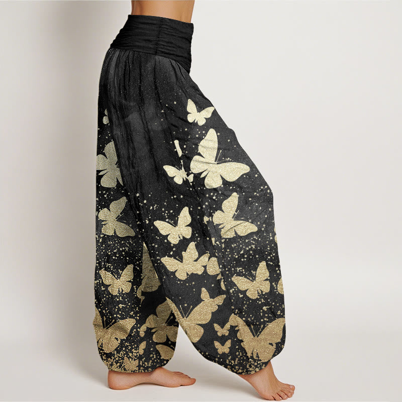 Pure Cotton Casual Golden Butterfly Pattern Women's Elastic Waist Harem Pants