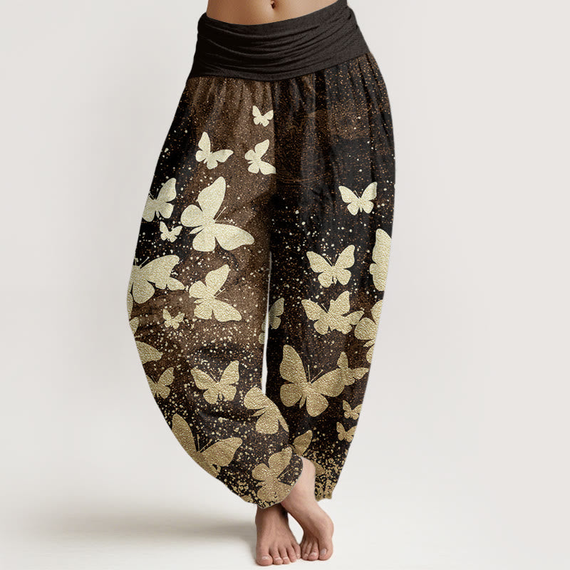 Pure Cotton Casual Golden Butterfly Pattern Women's Elastic Waist Harem Pants
