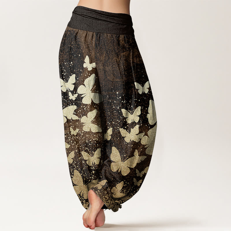Pure Cotton Casual Golden Butterfly Pattern Women's Elastic Waist Harem Pants