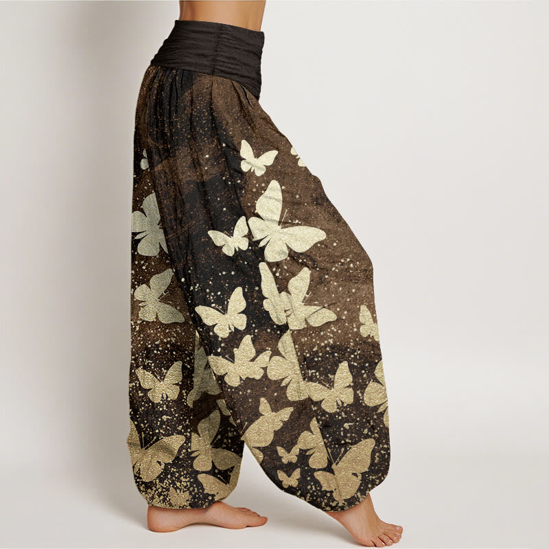 Pure Cotton Casual Golden Butterfly Pattern Women's Elastic Waist Harem Pants
