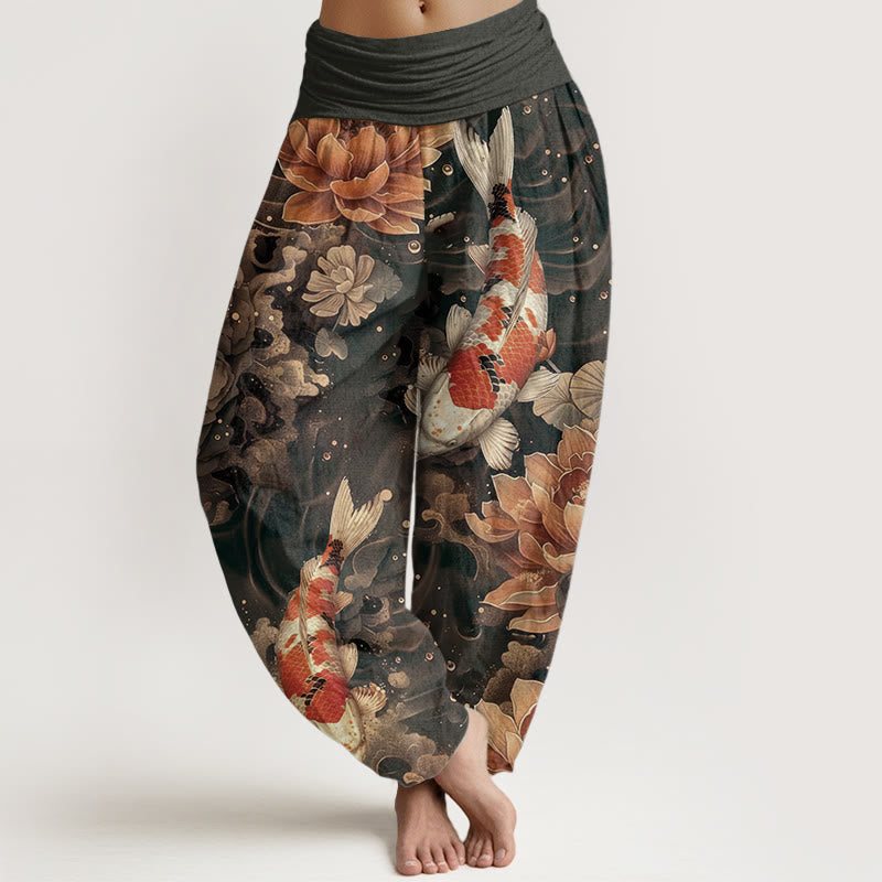 Pure Cotton Colorful Koi Fish Lotus Flowers Design Women's Elastic Waist Harem Pants