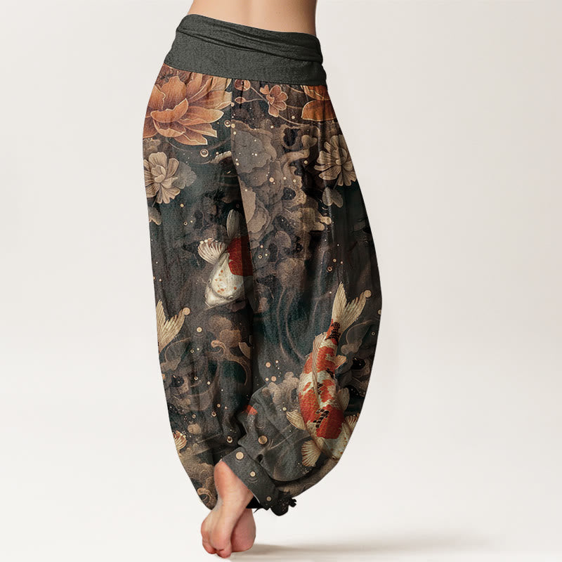Pure Cotton Colorful Koi Fish Lotus Flowers Design Women's Elastic Waist Harem Pants