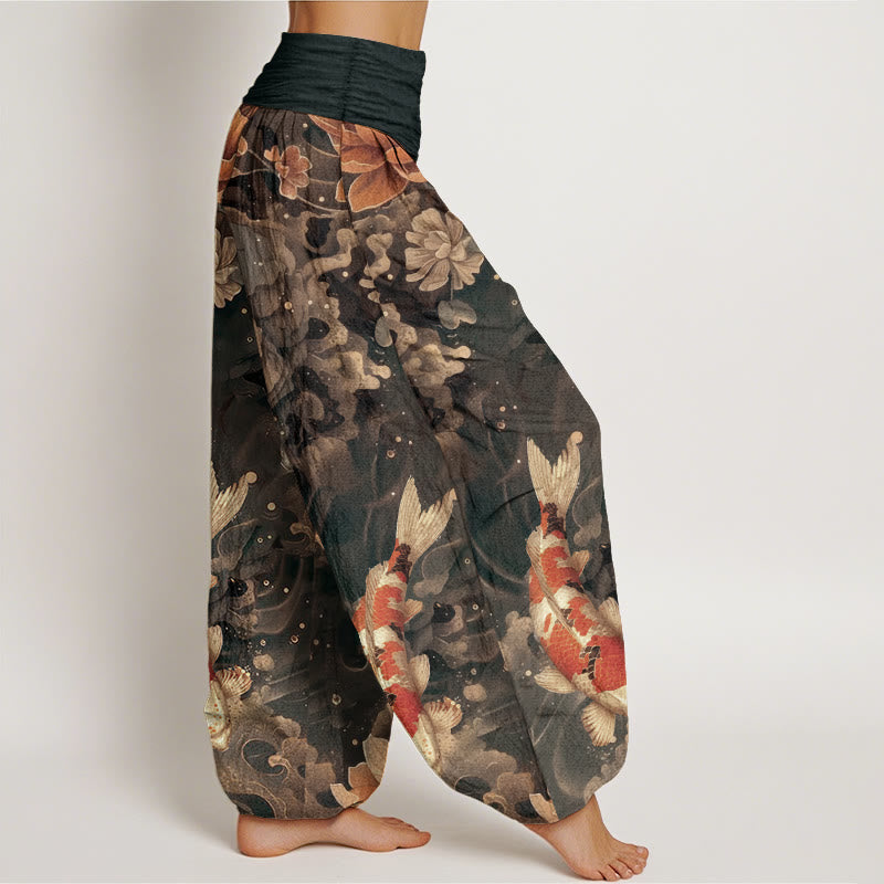 Pure Cotton Colorful Koi Fish Lotus Flowers Design Women's Elastic Waist Harem Pants