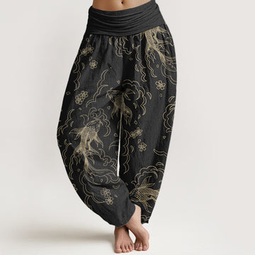 Pure Cotton Casual Koi Fish Waves And Petal Line Pattern Women's Elastic Waist Harem Pants
