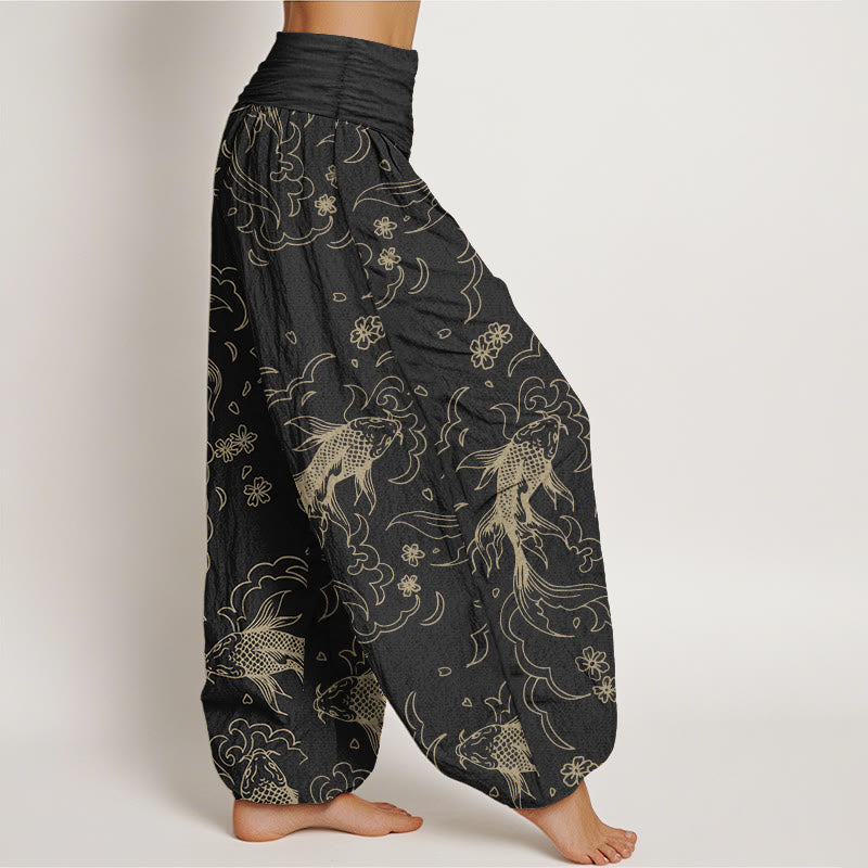 Pure Cotton Casual Koi Fish Waves And Petal Line Pattern Women's Elastic Waist Harem Pants