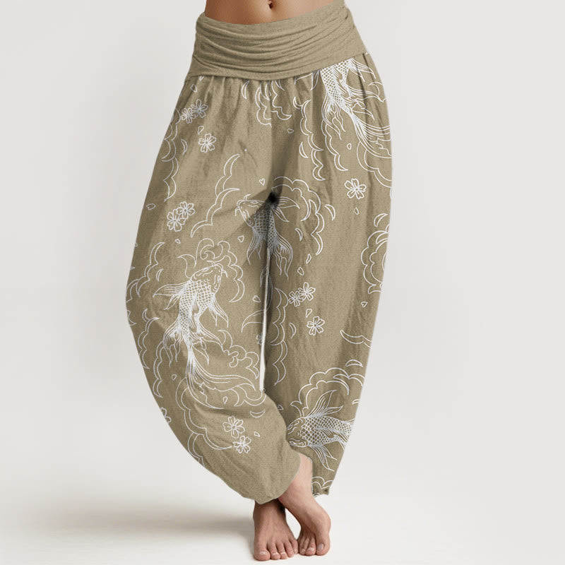 Pure Cotton Casual Koi Fish Waves And Petal Line Pattern Women's Elastic Waist Harem Pants