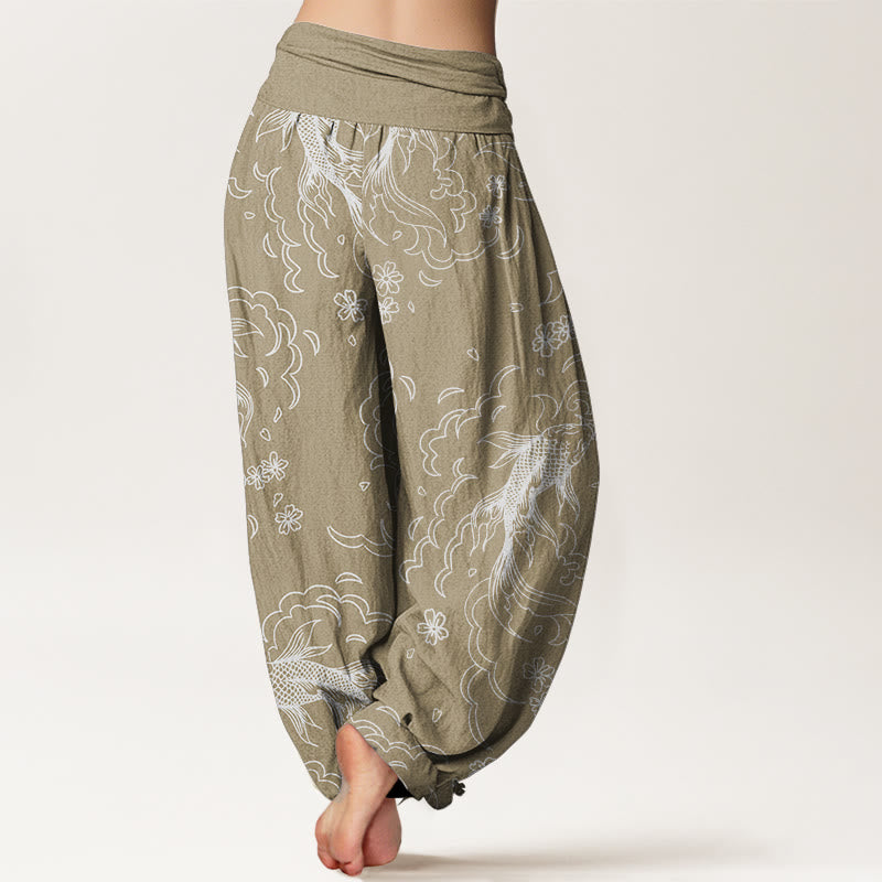 Pure Cotton Casual Koi Fish Waves And Petal Line Pattern Women's Elastic Waist Harem Pants