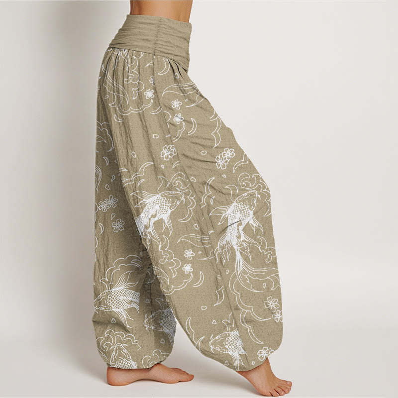 Pure Cotton Casual Koi Fish Waves And Petal Line Pattern Women's Elastic Waist Harem Pants