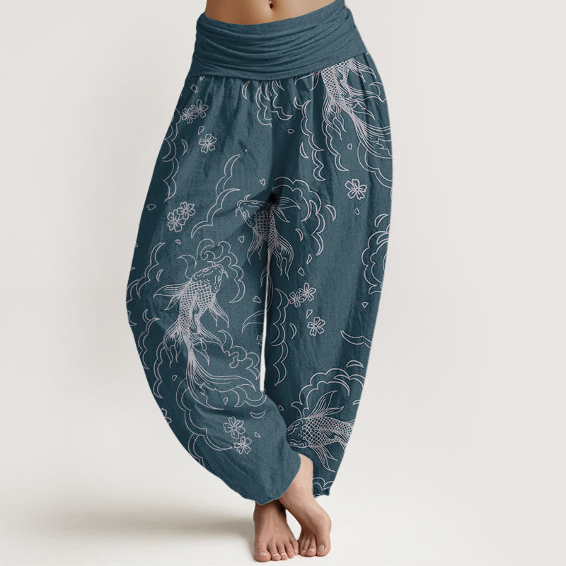 Pure Cotton Casual Koi Fish Waves And Petal Line Pattern Women's Elastic Waist Harem Pants