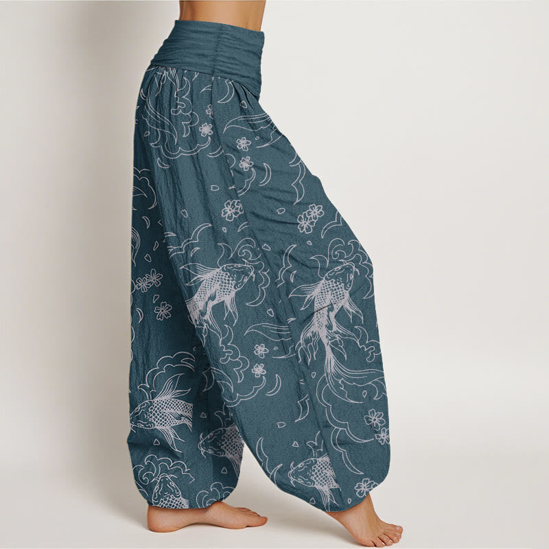 Pure Cotton Casual Koi Fish Waves And Petal Line Pattern Women's Elastic Waist Harem Pants
