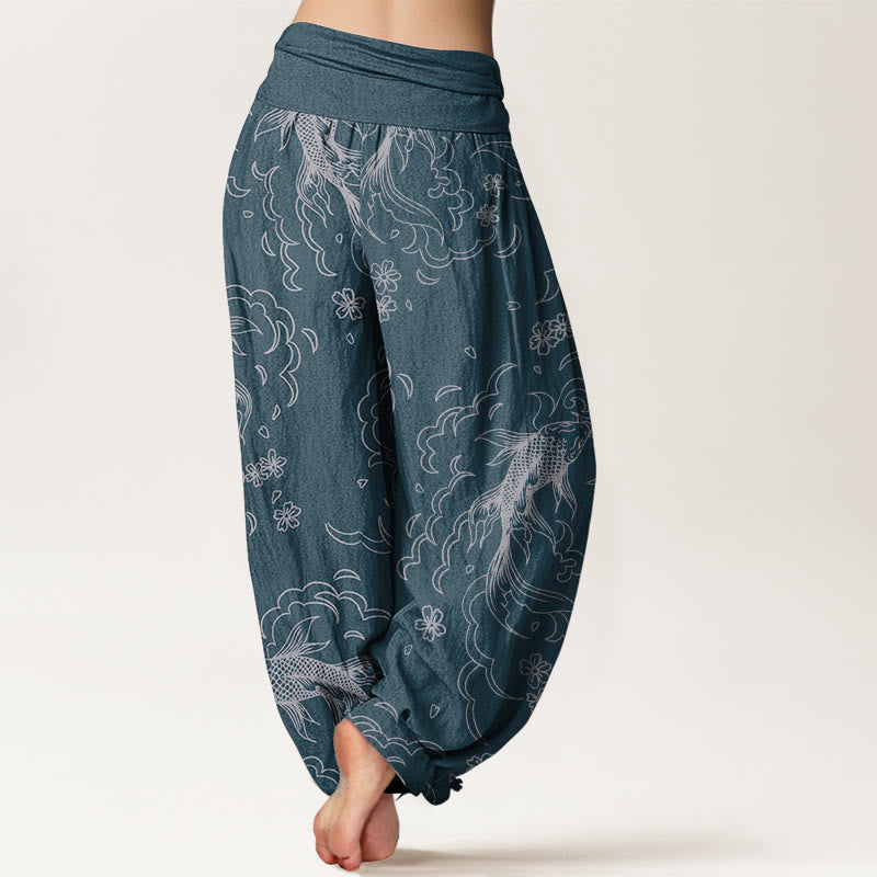 Pure Cotton Casual Koi Fish Waves And Petal Line Pattern Women's Elastic Waist Harem Pants