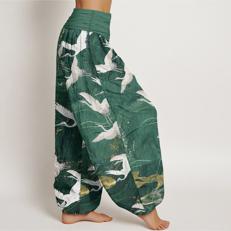 Pure Cotton Flying White Cranes Auspicious Clouds Design Women's Elastic Waist Harem Pants