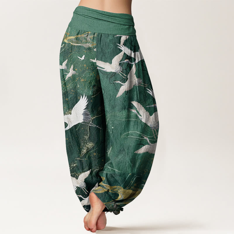 Pure Cotton Flying White Cranes Auspicious Clouds Design Women's Elastic Waist Harem Pants