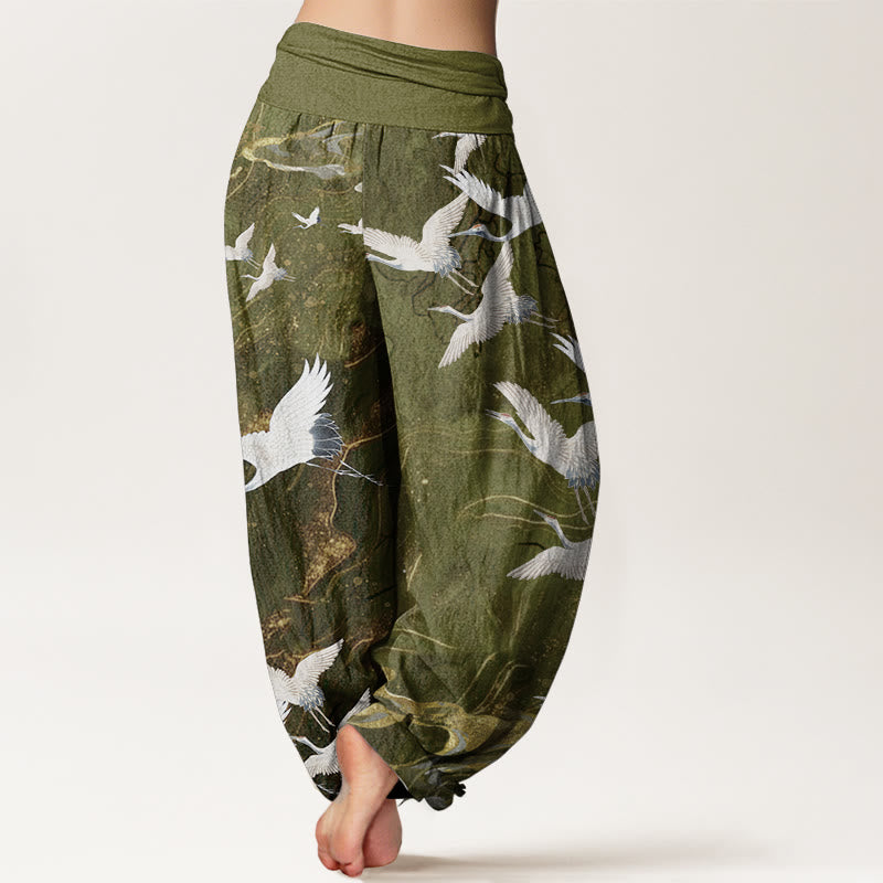 Pure Cotton Flying White Cranes Auspicious Clouds Design Women's Elastic Waist Harem Pants