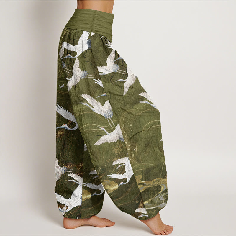 Pure Cotton Flying White Cranes Auspicious Clouds Design Women's Elastic Waist Harem Pants