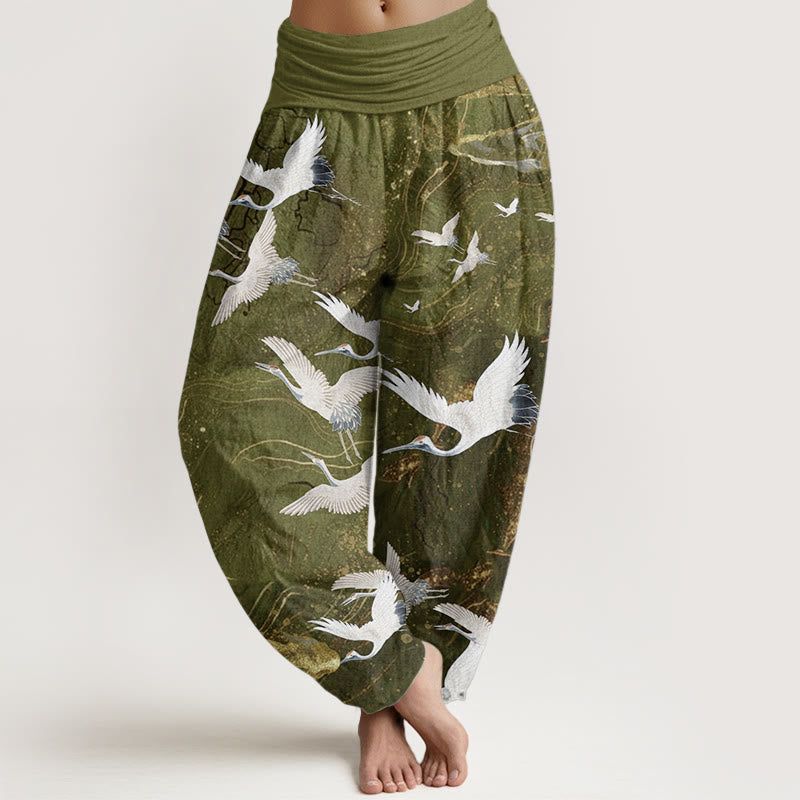 Pure Cotton Flying White Cranes Auspicious Clouds Design Women's Elastic Waist Harem Pants