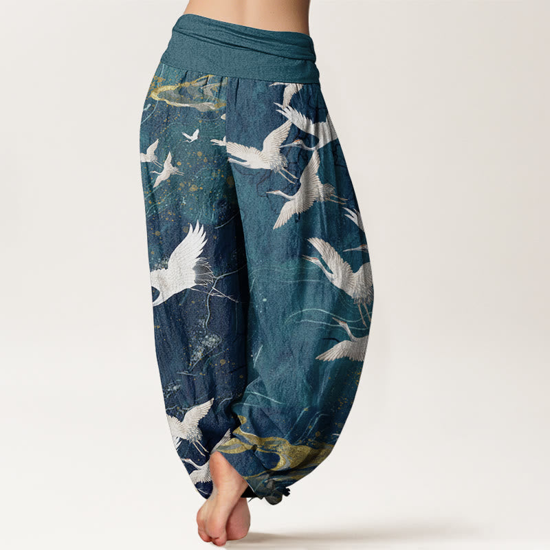 Pure Cotton Flying White Cranes Auspicious Clouds Design Women's Elastic Waist Harem Pants