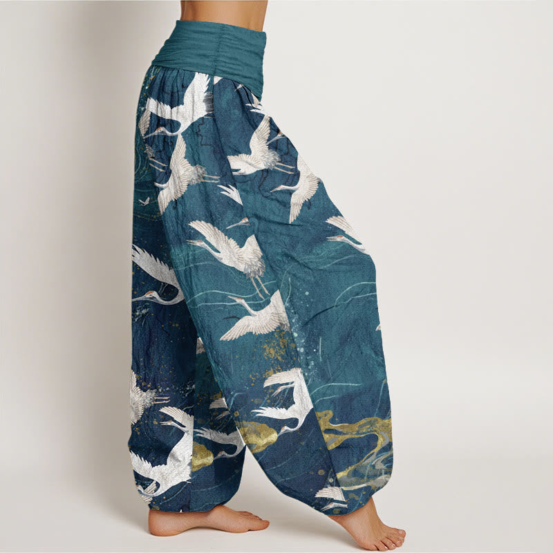 Pure Cotton Flying White Cranes Auspicious Clouds Design Women's Elastic Waist Harem Pants