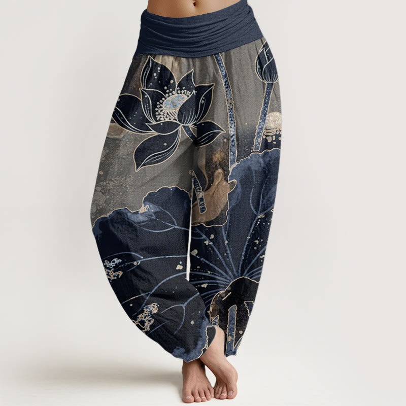 Pure Cotton Casual Lotus Petal Pattern Women's Elastic Waist Harem Pants