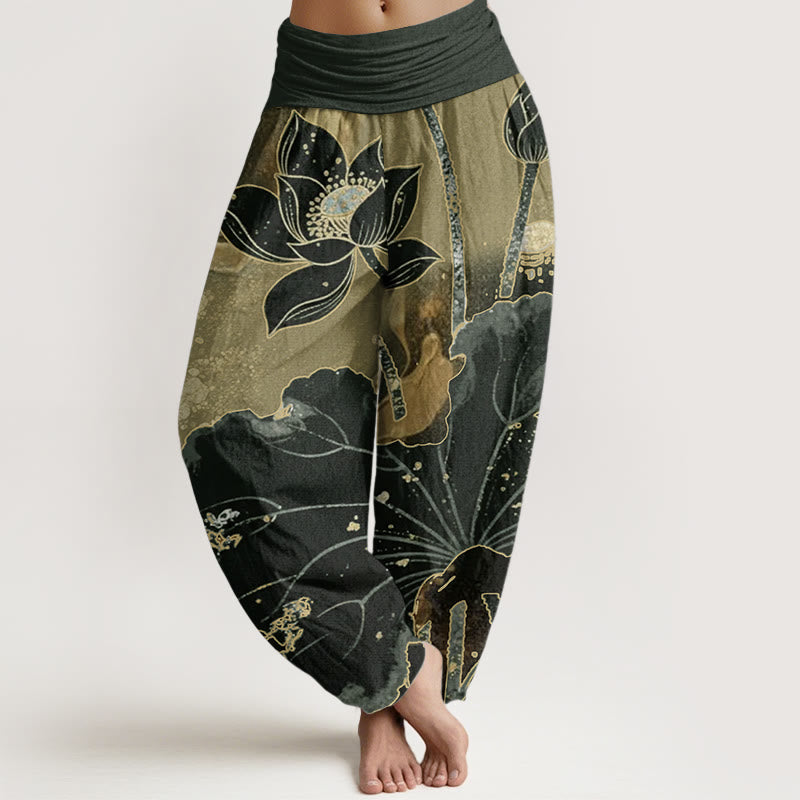 Pure Cotton Casual Lotus Petal Pattern Women's Elastic Waist Harem Pants