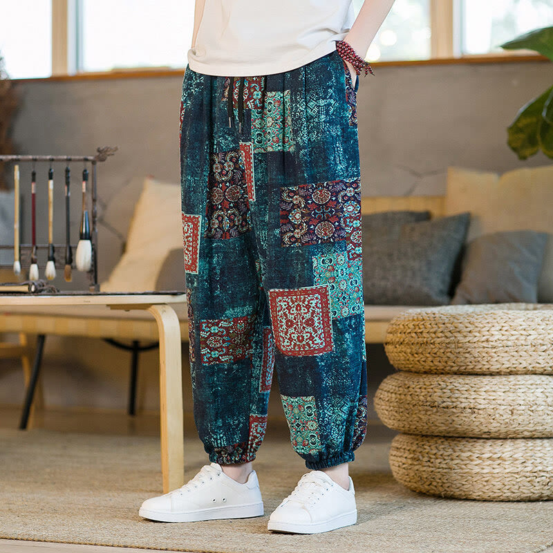 Summer Square Patchwork Cotton Linen Men's Ankle-Length Harem Pants With Pockets