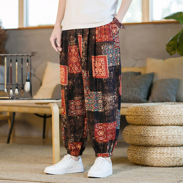 Summer Square Patchwork Cotton Linen Men's Ankle-Length Harem Pants With Pockets