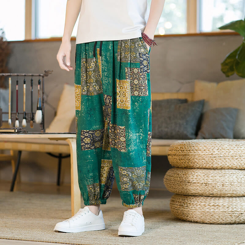 Summer Square Patchwork Cotton Linen Men's Ankle-Length Harem Pants With Pockets