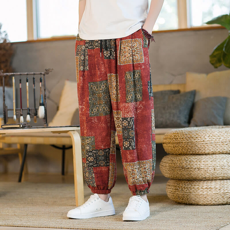 Summer Square Patchwork Cotton Linen Men's Ankle-Length Harem Pants With Pockets