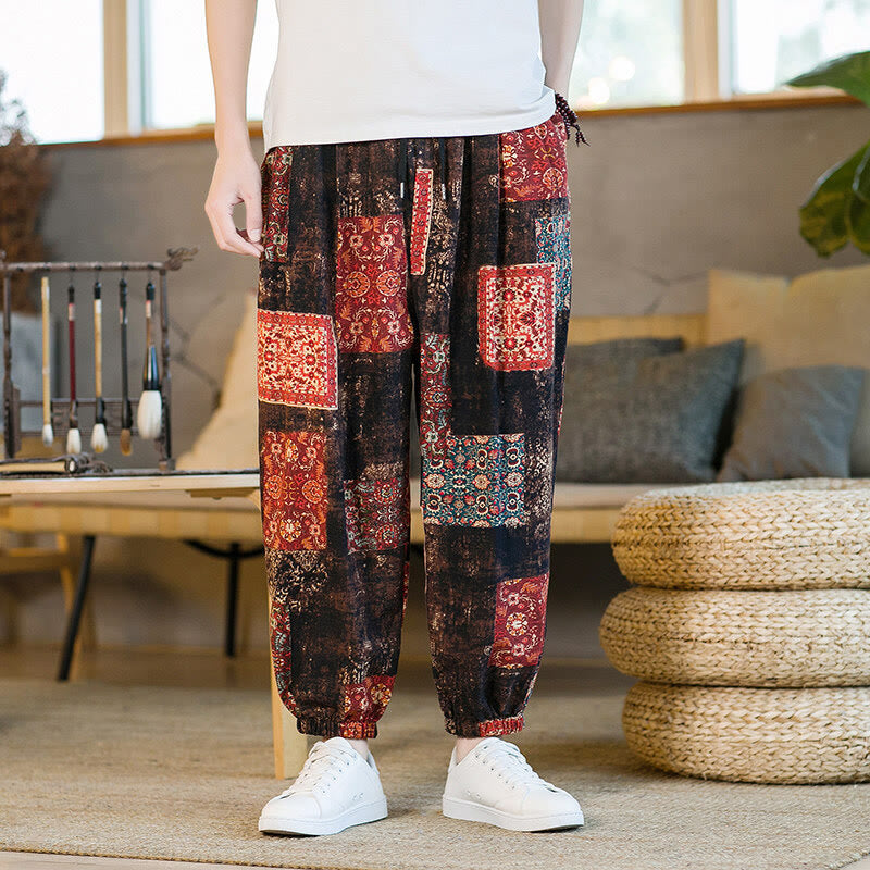 Summer Square Patchwork Cotton Linen Men's Ankle-Length Harem Pants With Pockets