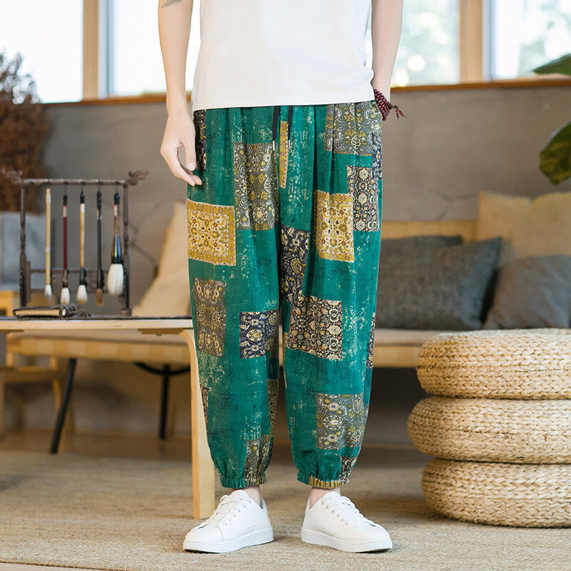 Summer Square Patchwork Cotton Linen Men's Ankle-Length Harem Pants With Pockets