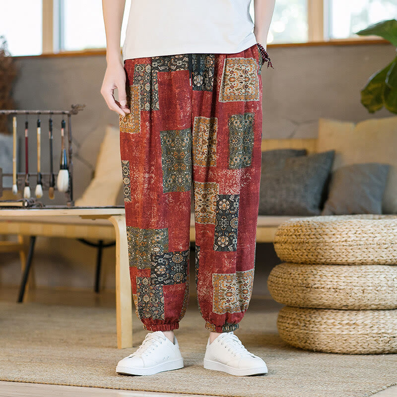 Summer Square Patchwork Cotton Linen Men's Ankle-Length Harem Pants With Pockets