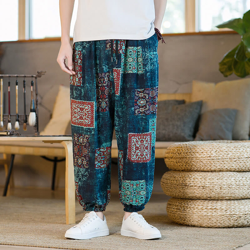 Summer Square Patchwork Cotton Linen Men's Ankle-Length Harem Pants With Pockets