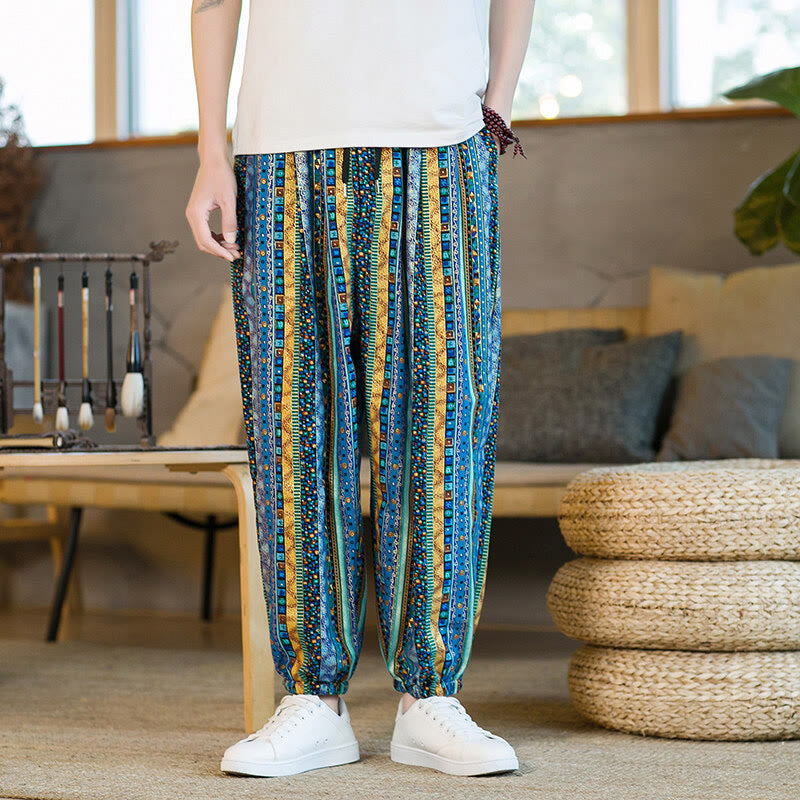Colorful Stripes Cotton Linen Men's Ankle-Length Harem Pants With Pockets