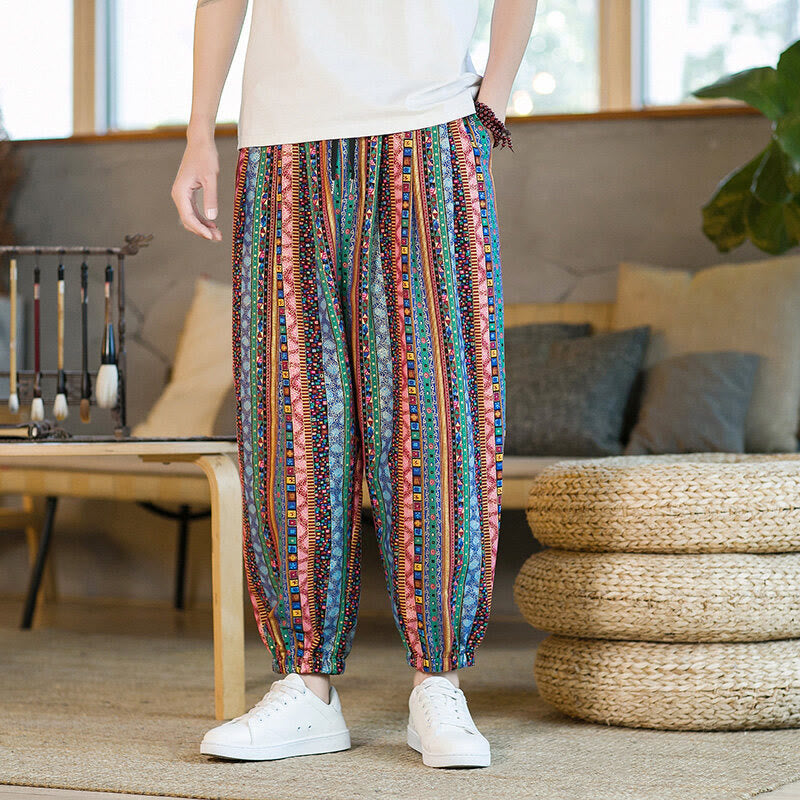 Colorful Stripes Cotton Linen Men's Ankle-Length Harem Pants With Pockets