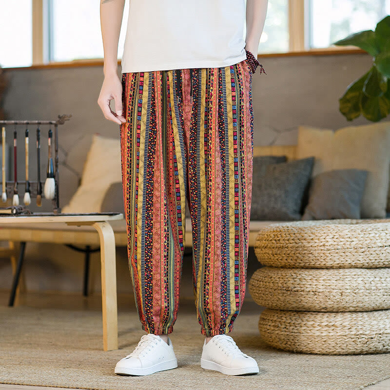 Colorful Stripes Cotton Linen Men's Ankle-Length Harem Pants With Pockets