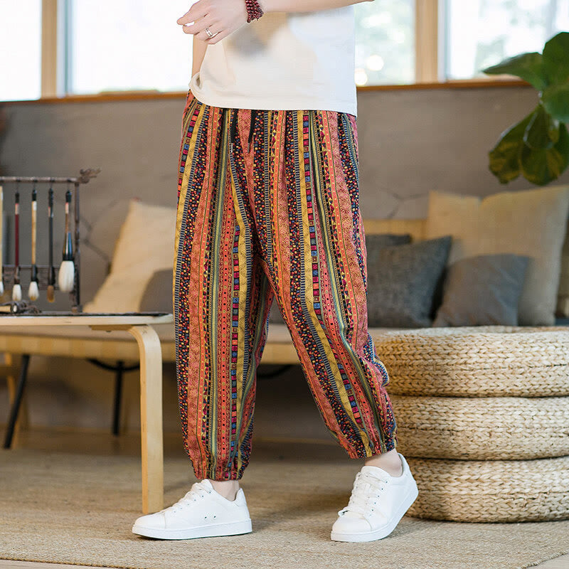 Colorful Stripes Cotton Linen Men's Ankle-Length Harem Pants With Pockets