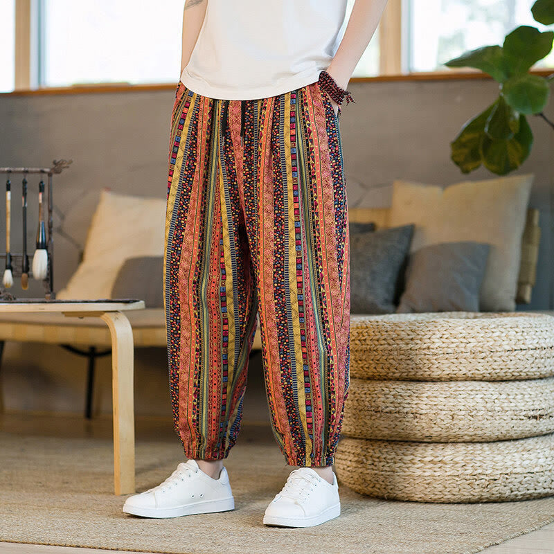 Colorful Stripes Cotton Linen Men's Ankle-Length Harem Pants With Pockets