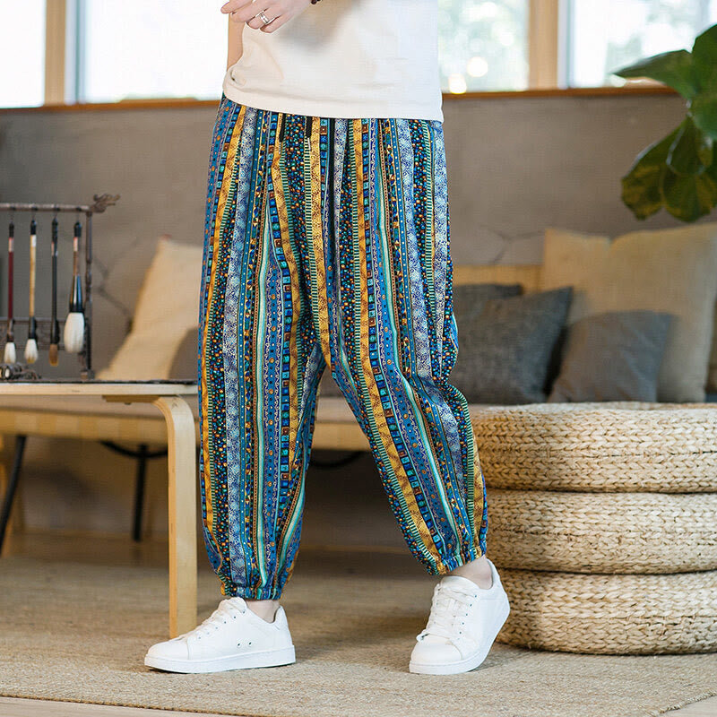 Colorful Stripes Cotton Linen Men's Ankle-Length Harem Pants With Pockets
